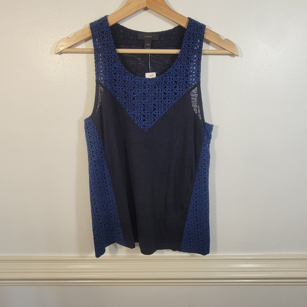 J. Crew Tank Top Blue Lightweight‎ Sleeveless Eyelet Trim Sheer Blouse Sz XS NWT - Picture 2 of 8